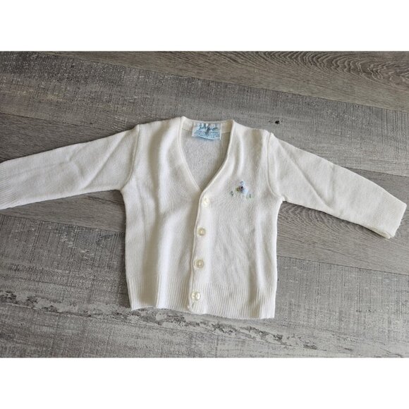 Vintage Julius Berger Baby White Button Up Sweater Cardigan  Baby Blue Bird NB - Picture 2 of 9